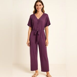 Agnes & Dora Belted Jumpsuit Slightly Ribbed Super Soft Material Color Plum XXL
